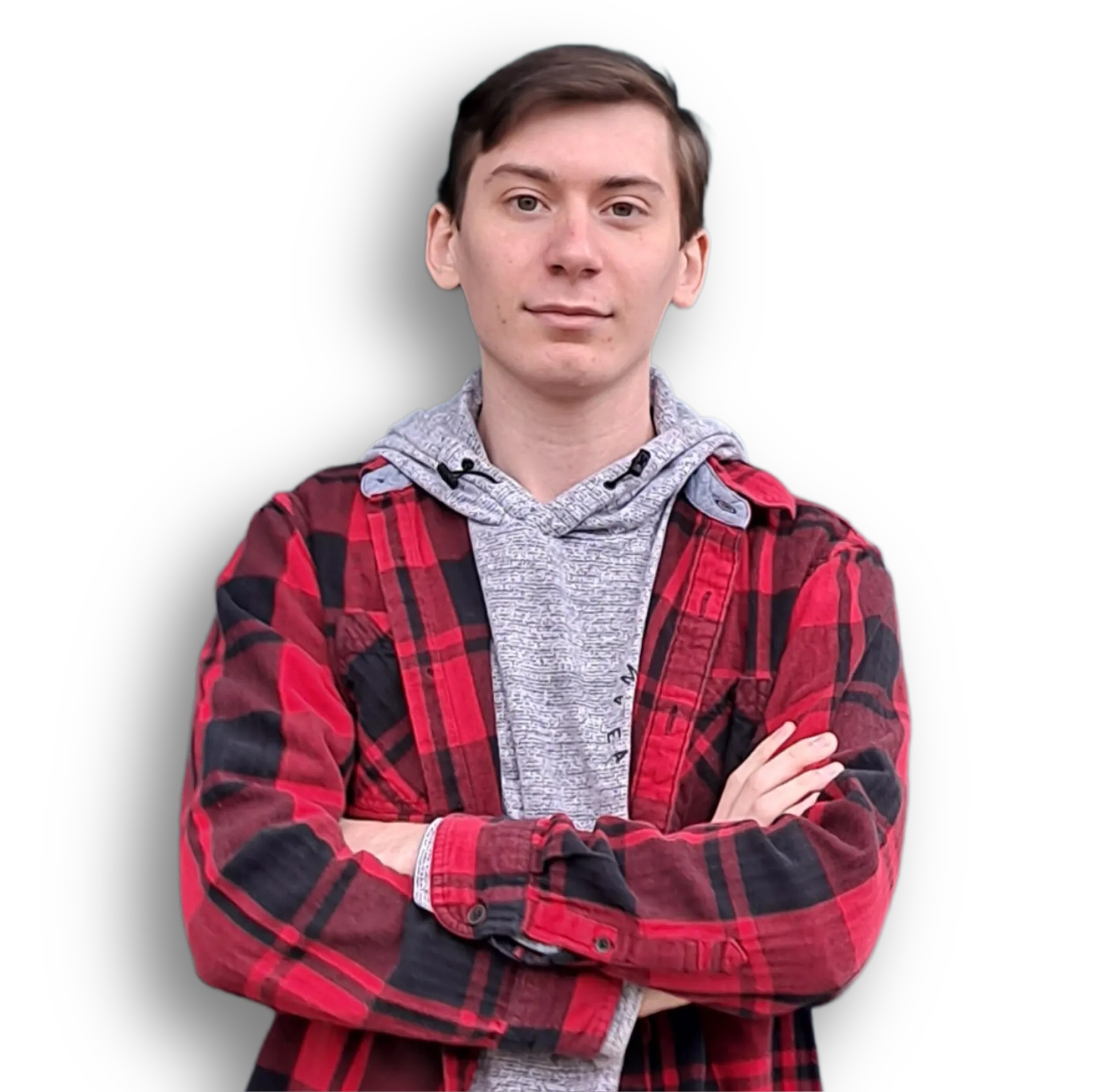 A professional portrait of Robert Book wearing a red and black flannel shirt over a grey hoodie, standing with arms crossed against a white background.